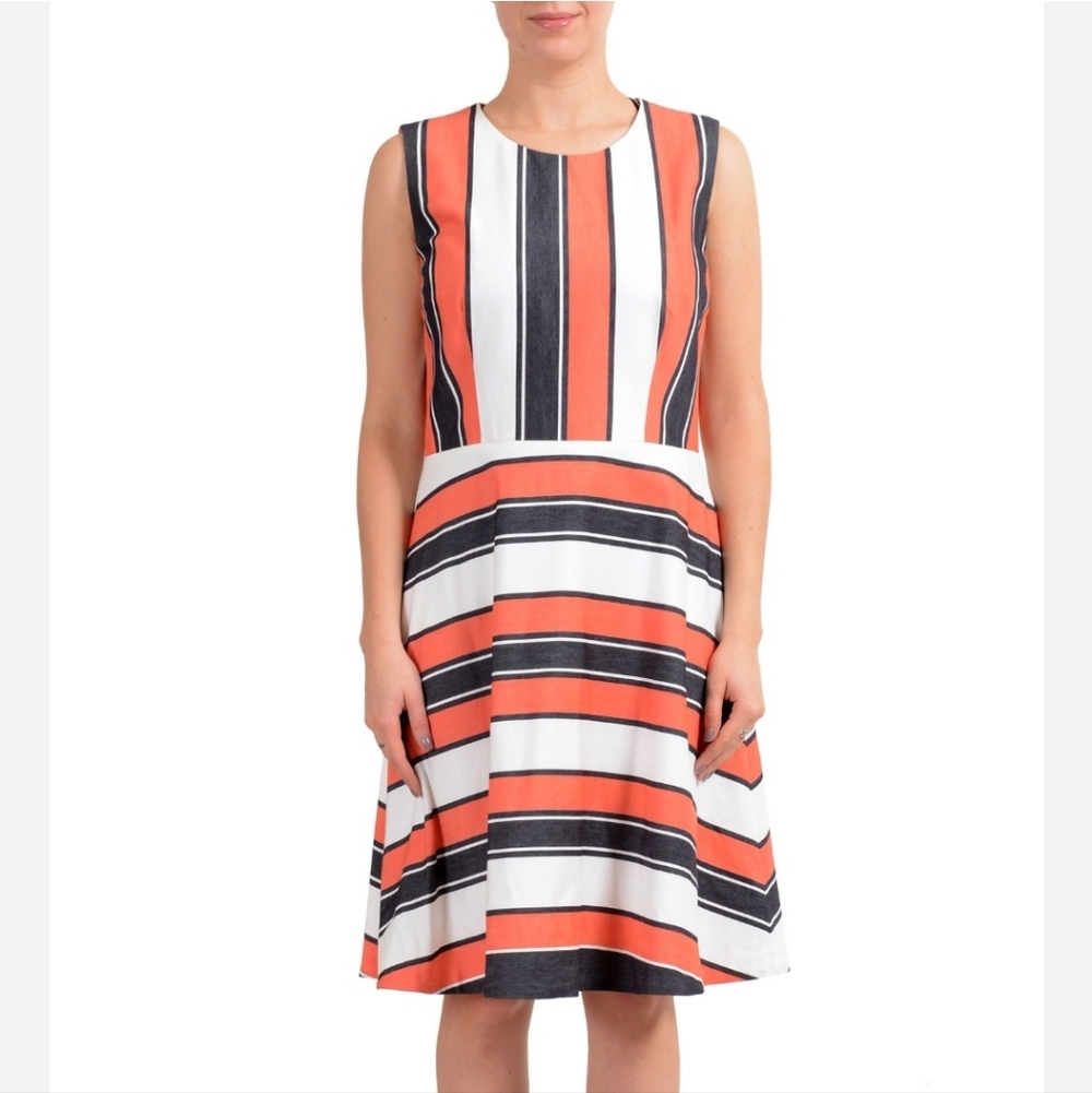 Hugo Boss fit and flare striped cotton blend dress Sz 6
